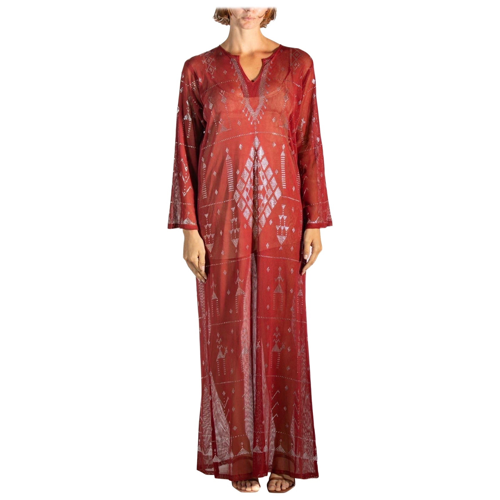 1970S Garnet Red Cotton Egyptian Assuit Metal Embroidered Dress For Sale