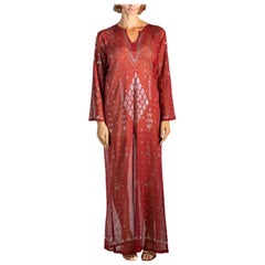 1970S Garnet Red Cotton Egyptian Assuit Metal Embroidered Dress