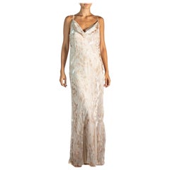 Vintage 1990S Champagne Bias Cut Silk & Rayon Burnout Chiffon Gown Large