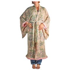 Kimono del 1900 in crepe di garza di seta beige e rosa con stampa glicine giapponese
