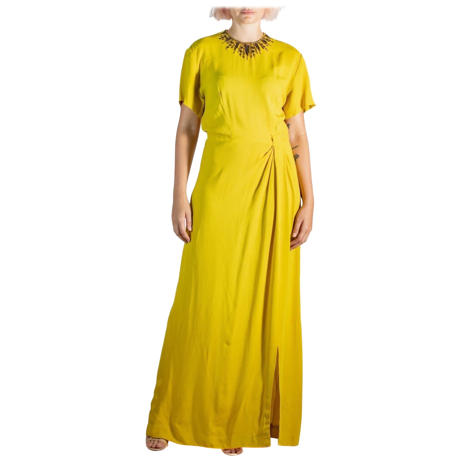 1940S Mustard Yellow Old Hollywood Rayon Crepe Gown With Beaded Collar Detail For Sale
