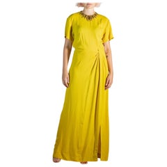 1940S Mustard Yellow Old Hollywood Rayon Crepe Gown With Beaded Collar Detail