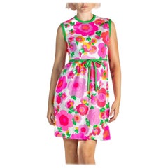 1960S Hot Pink & Green Polyester Jersey Mod Mini Dress