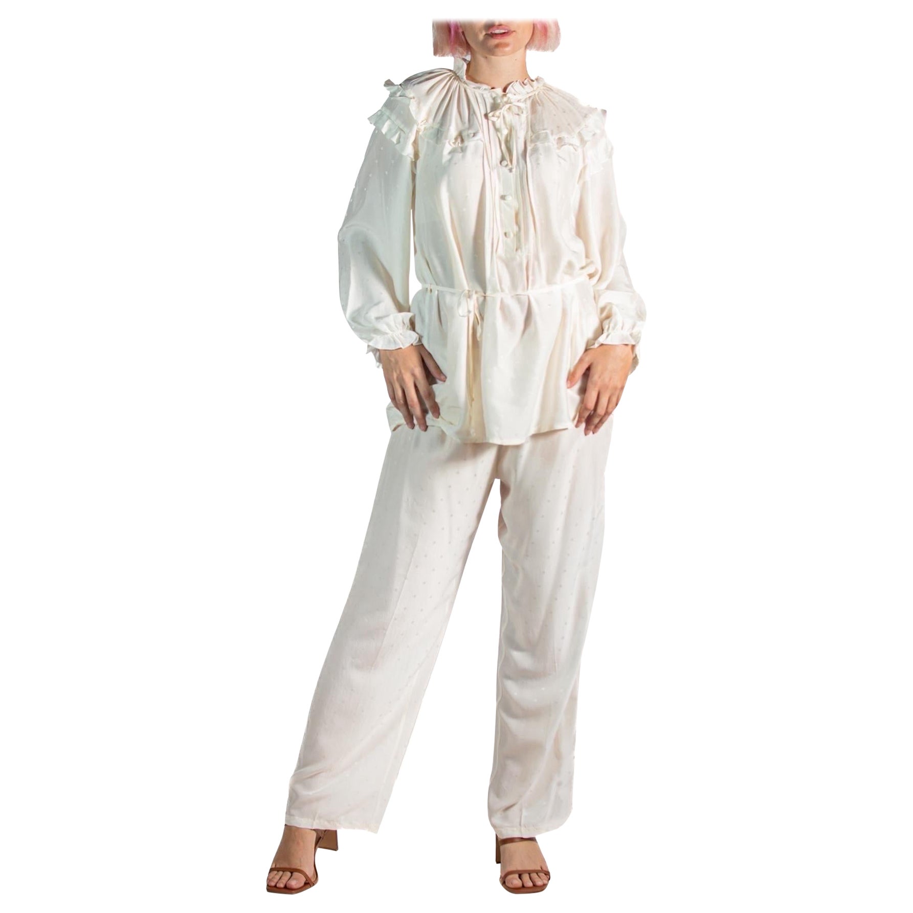 1970S Louis Feraud Cream Silk Jacquard Deadstock Ruffled Lounge Pajamas For Sale