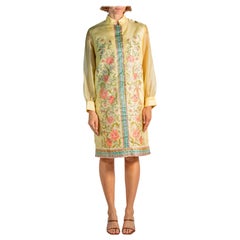 1960S Shaheen Butter Gelb Floral Polyester Langarm Hemdkleid