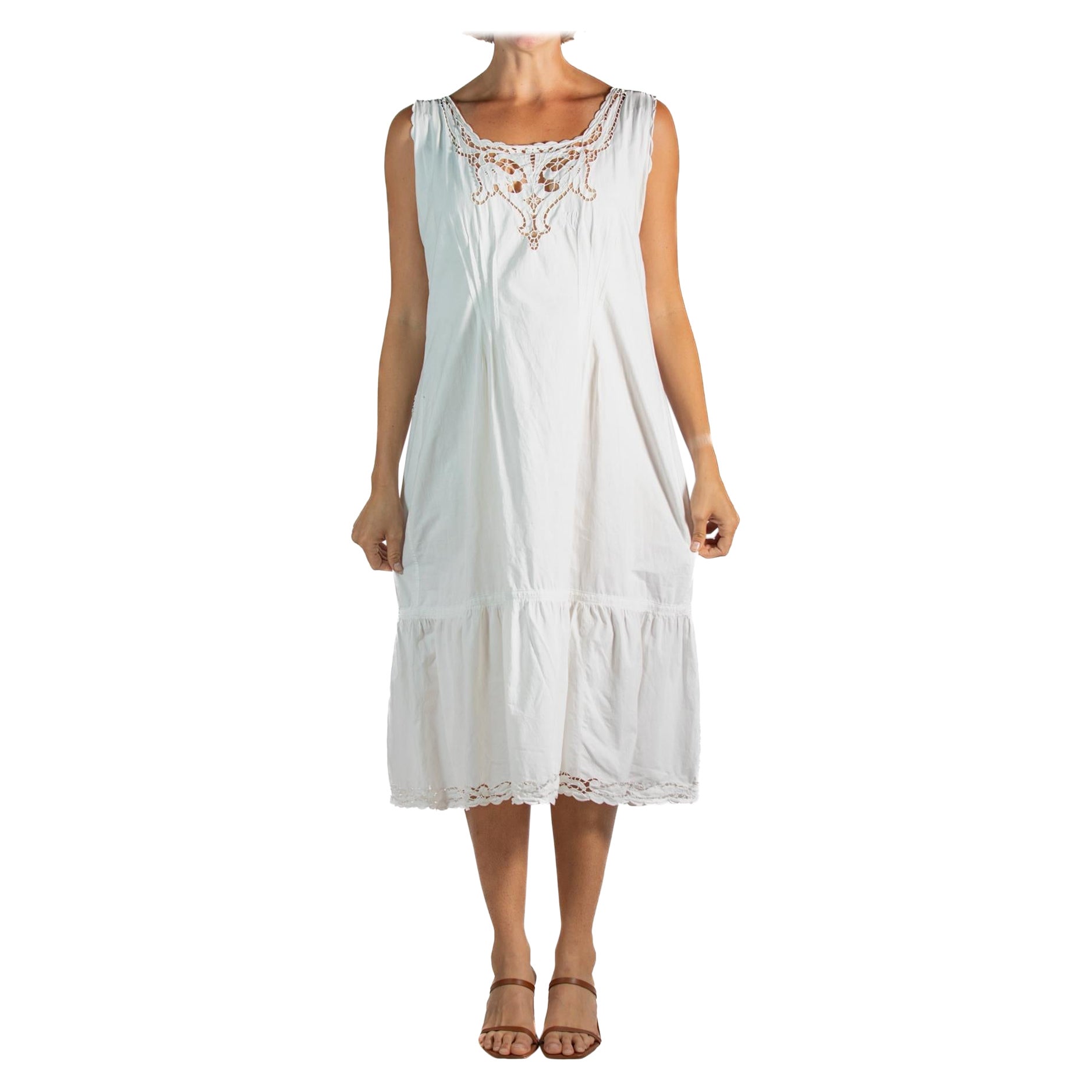 1900S White Organic Cotton & Lace Dress For Sale