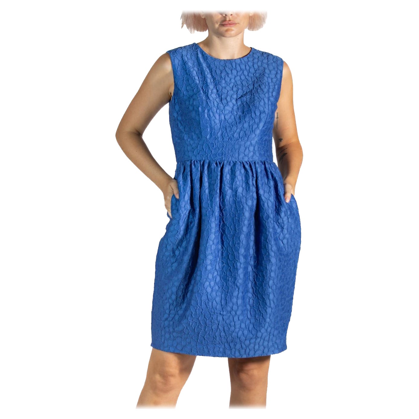 2000S Carolina Herrera Blue Silk Blend Jacquard Dress For Sale