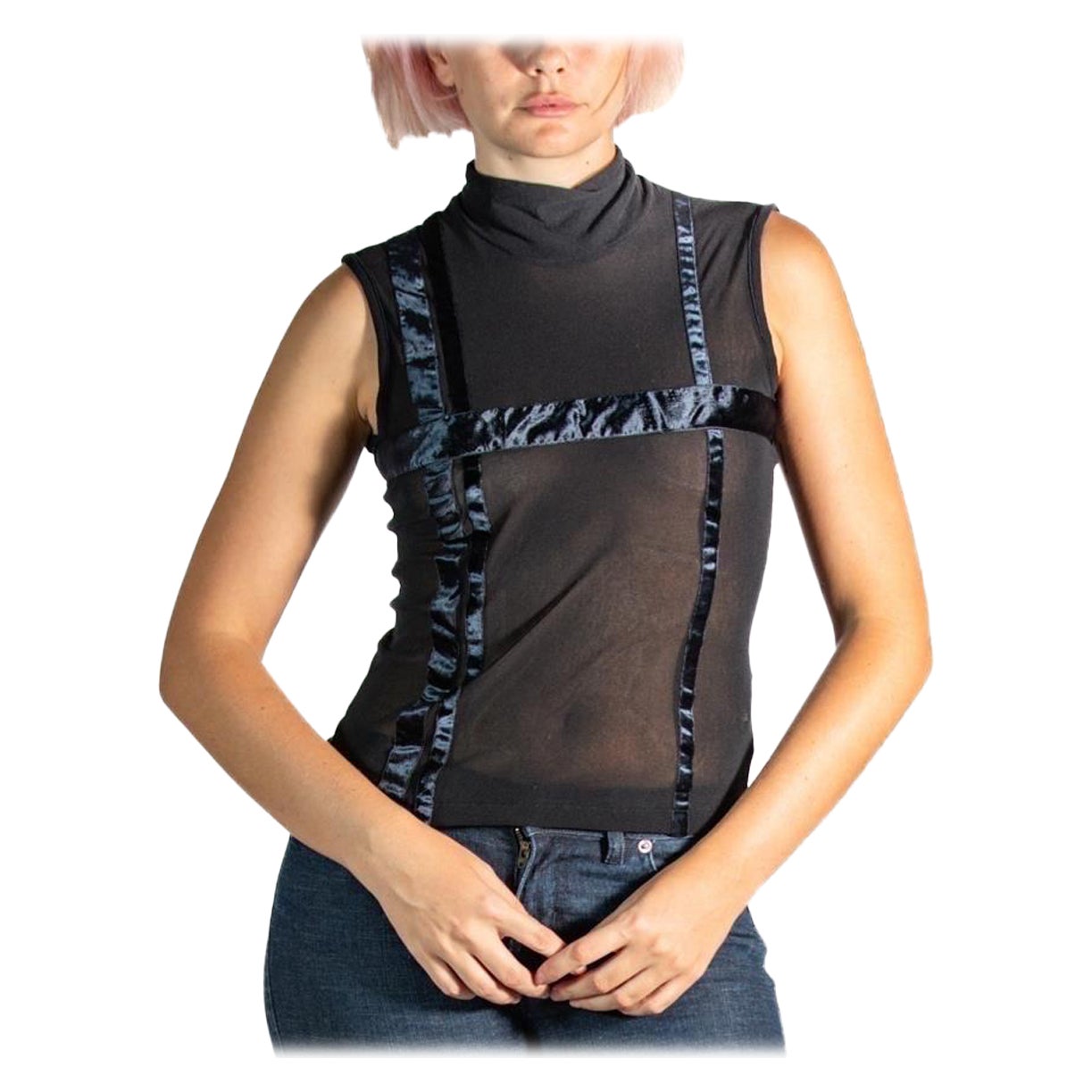 1990S Yohji Yamamoto - Top nero in rete di nylon e nastro in velcro in vendita