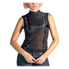 Vintage 1990S Yohji Yamamoto Black Nylon Mesh & Velver Ribbon Sheer Top