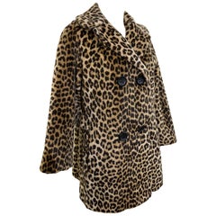 1960s I. Magnin Double-Breasted Leopard Print Faux Fur w Notched Collar