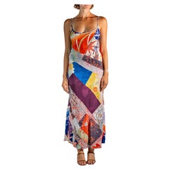 Morphew Collection Orange Multicolor Patchwork Japanese Kimono Silk Bias-Cut Dr
