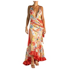 Morphew Atelier Rot & Bernstein Bias Cut Japanischer Kimono Seide Handbedrucktes Kleid
