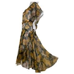 Vintage 1930s Silk Chiffon Yellow Poppy Print Classic Style Dress w Draped Shoulders