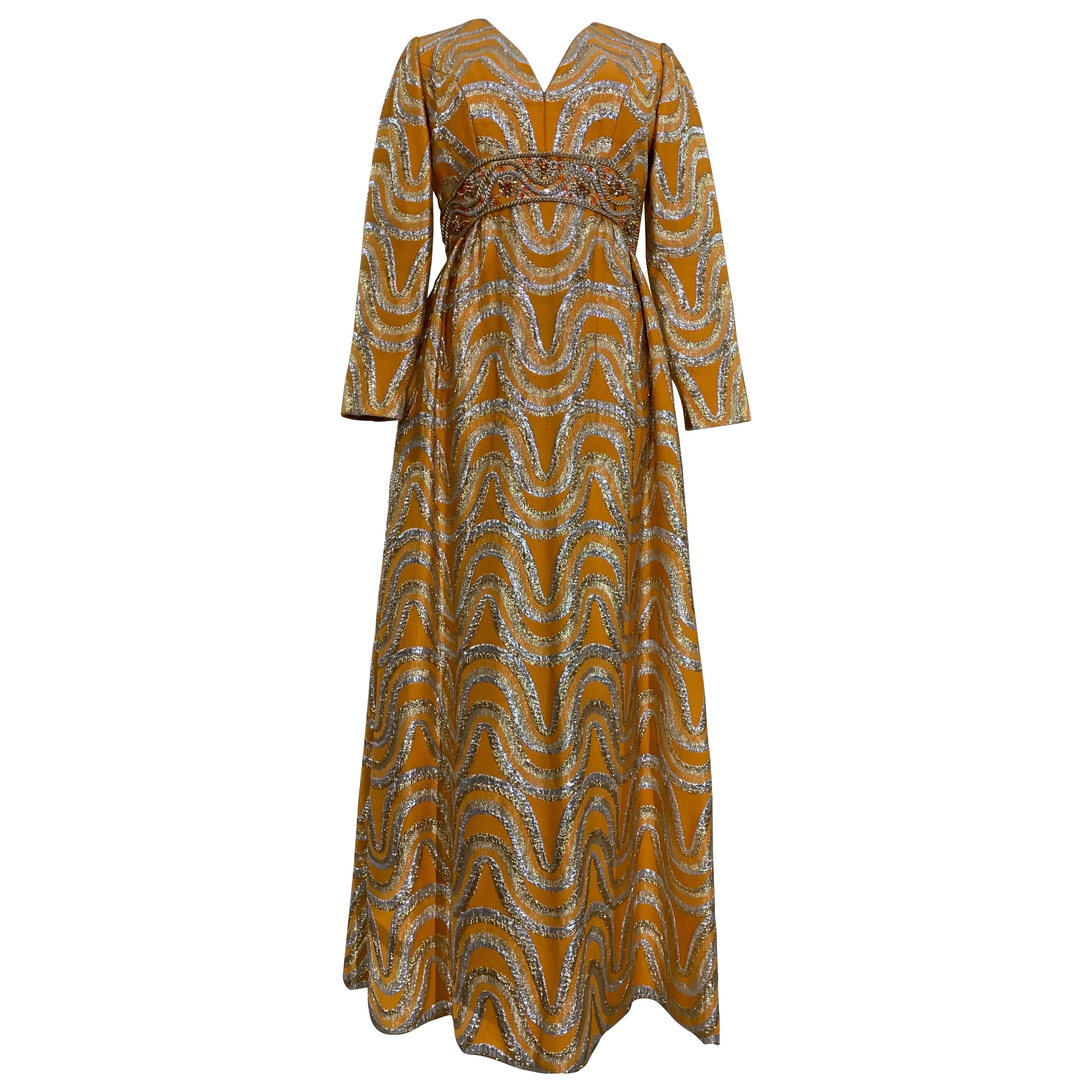 Late 60s Gold and Silver Lame Brocade Psychedelic Gown w Jeweled Empire Waist For Sale