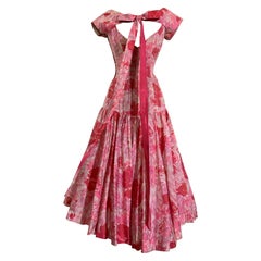1950s Perullo Pink Silk Floral Party Dress w Fitted Hip and Flared Skirt