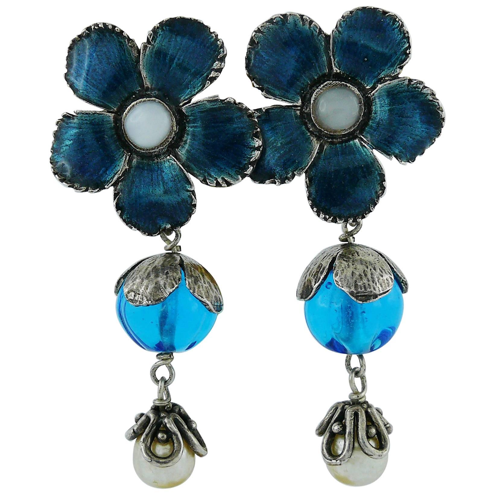 Yves Saint Laurent Vintage Enameled Flower Dangling Earrings