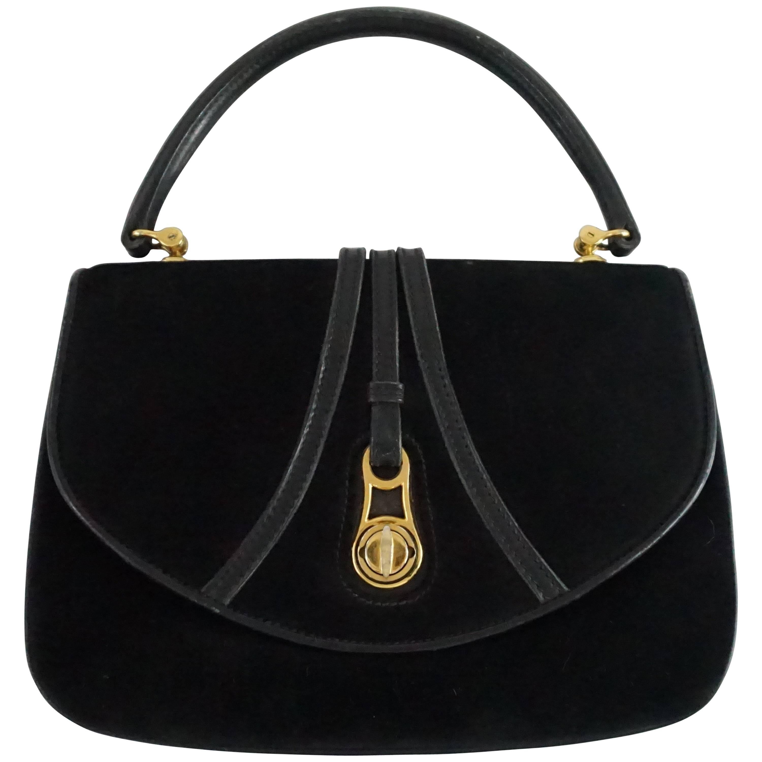 Gucci Vintage Black Suede Top Handle Bag with Leather - 1950's - GHW