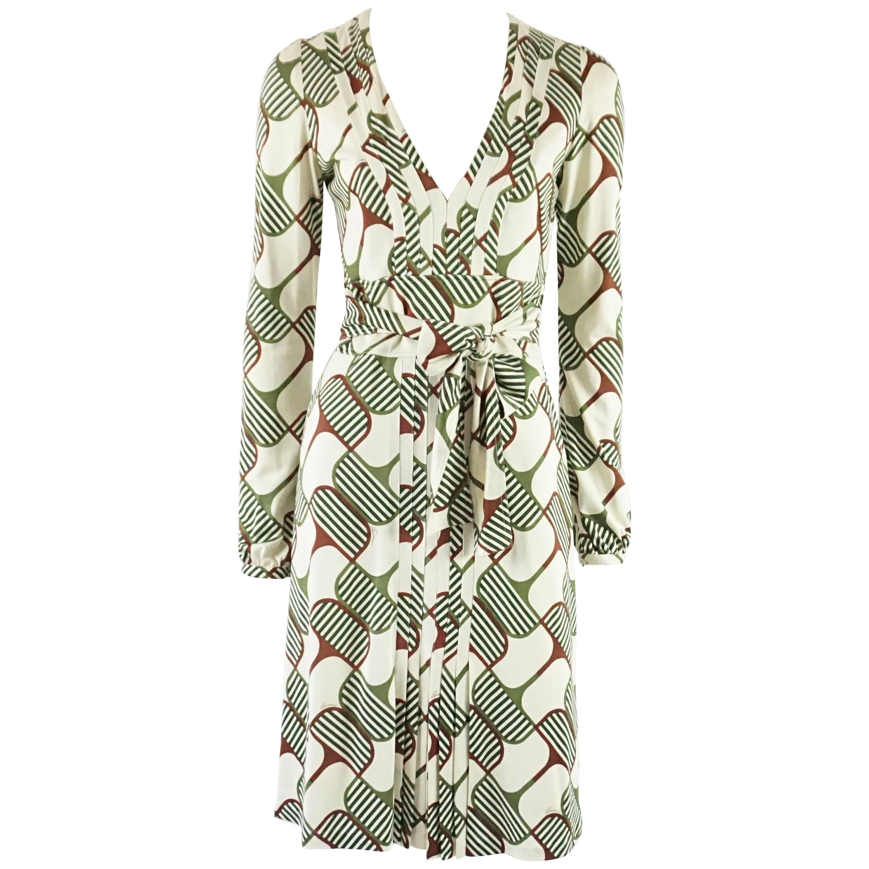 Gucci Ivory and Green Print Silk Knit Dress - Small