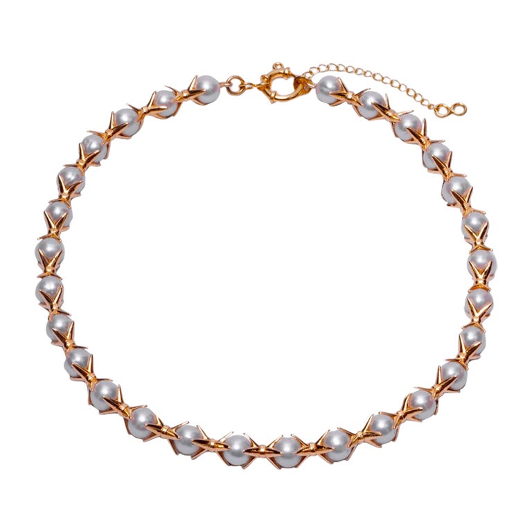 W Chain with 18k Gold Plating and Natural Pearls - By Crayons Sao Paulo For Sale