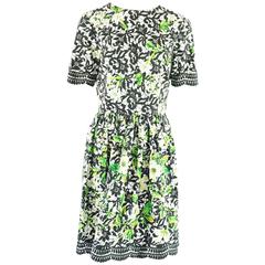 Oscar de la Renta White/Black/Green Cotton Print Dress - 4 - NWT