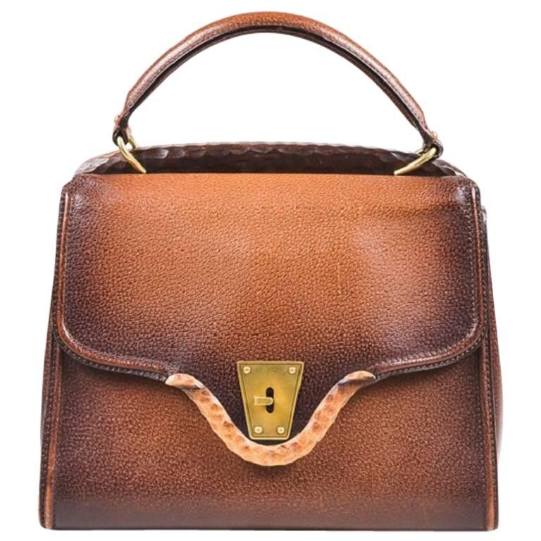Vintage Gucci Brown Grained Leather Wood Trim Gold Tone Structured Bag For Sale