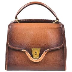 Retro Gucci Brown Grained Leather Wood Trim Gold Tone Structured Bag