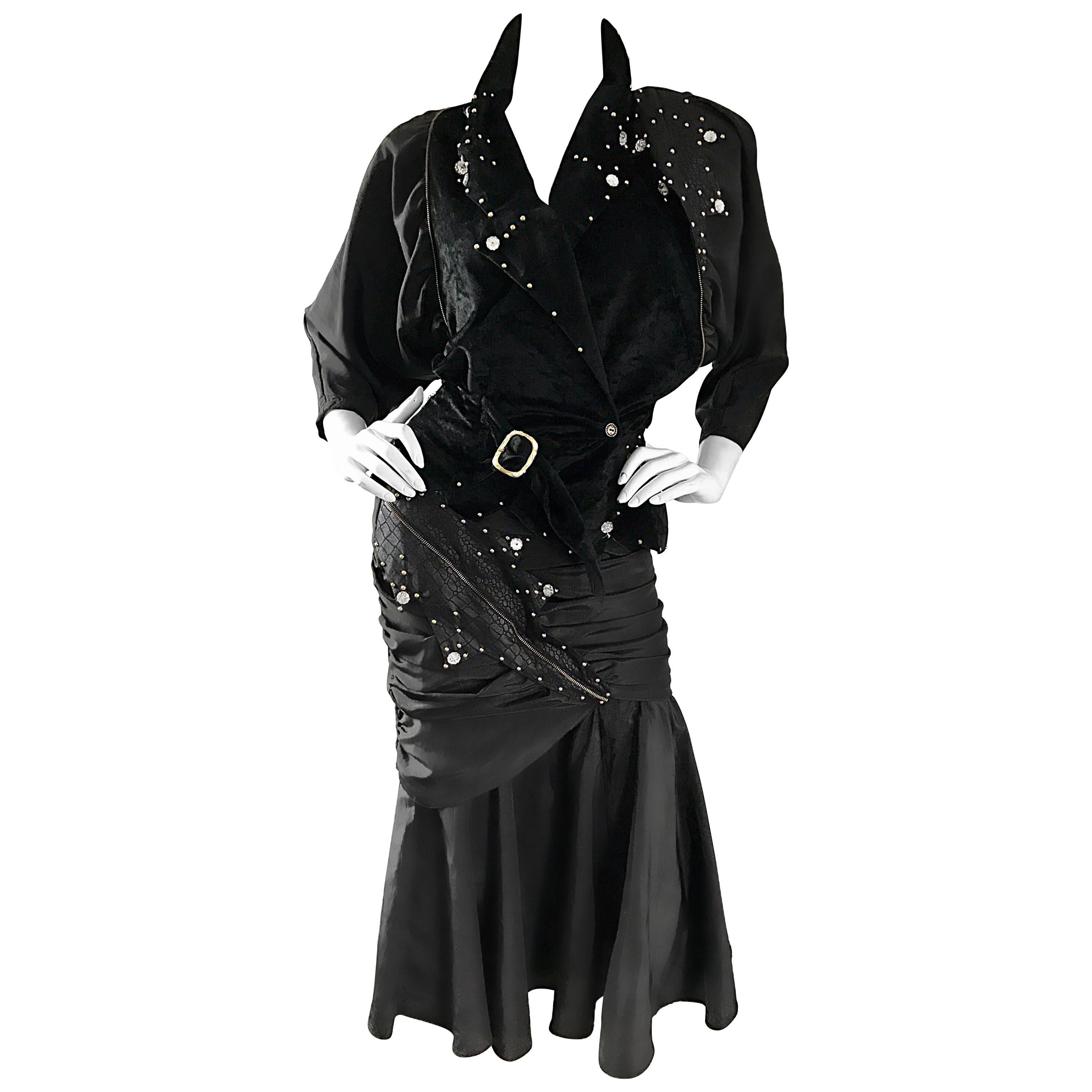 Amazing Vintage Eccetera Made in Italy Black 80s Avant Garde Jacket & Skirt Suit
