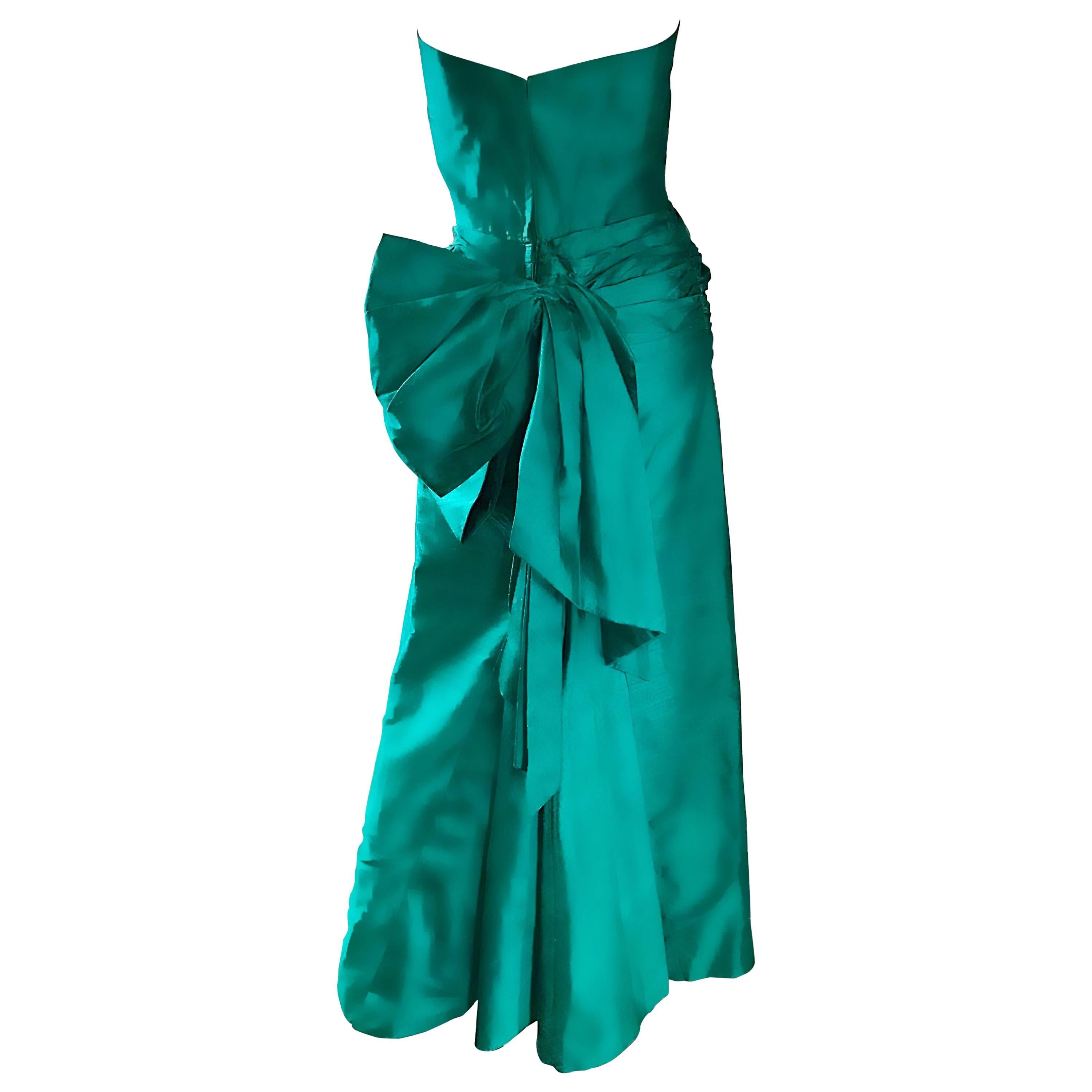 1950s Emerald Green Silk Shantung Strapless Vintage 50s Bombshell Gown Sz Medium For Sale