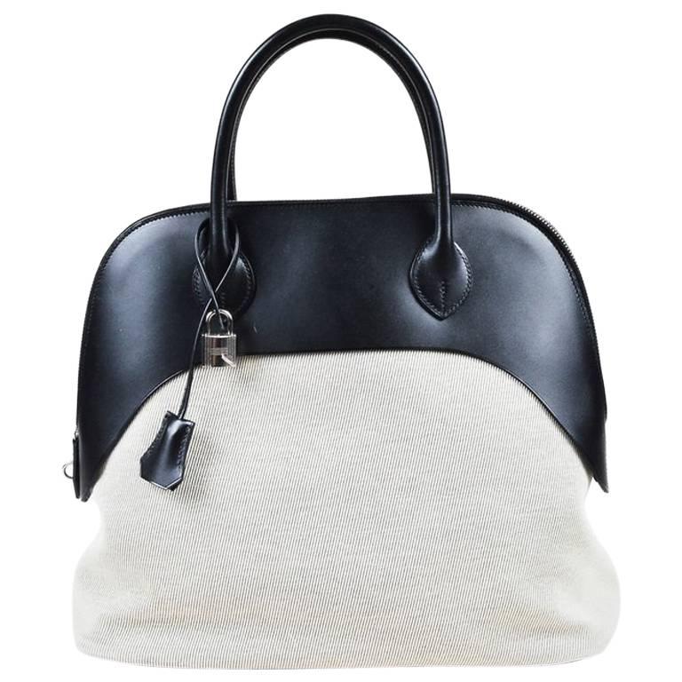 Hermes Black & White Vache Leather Natural Toile Canvas "Bolide Paddock" Satchel