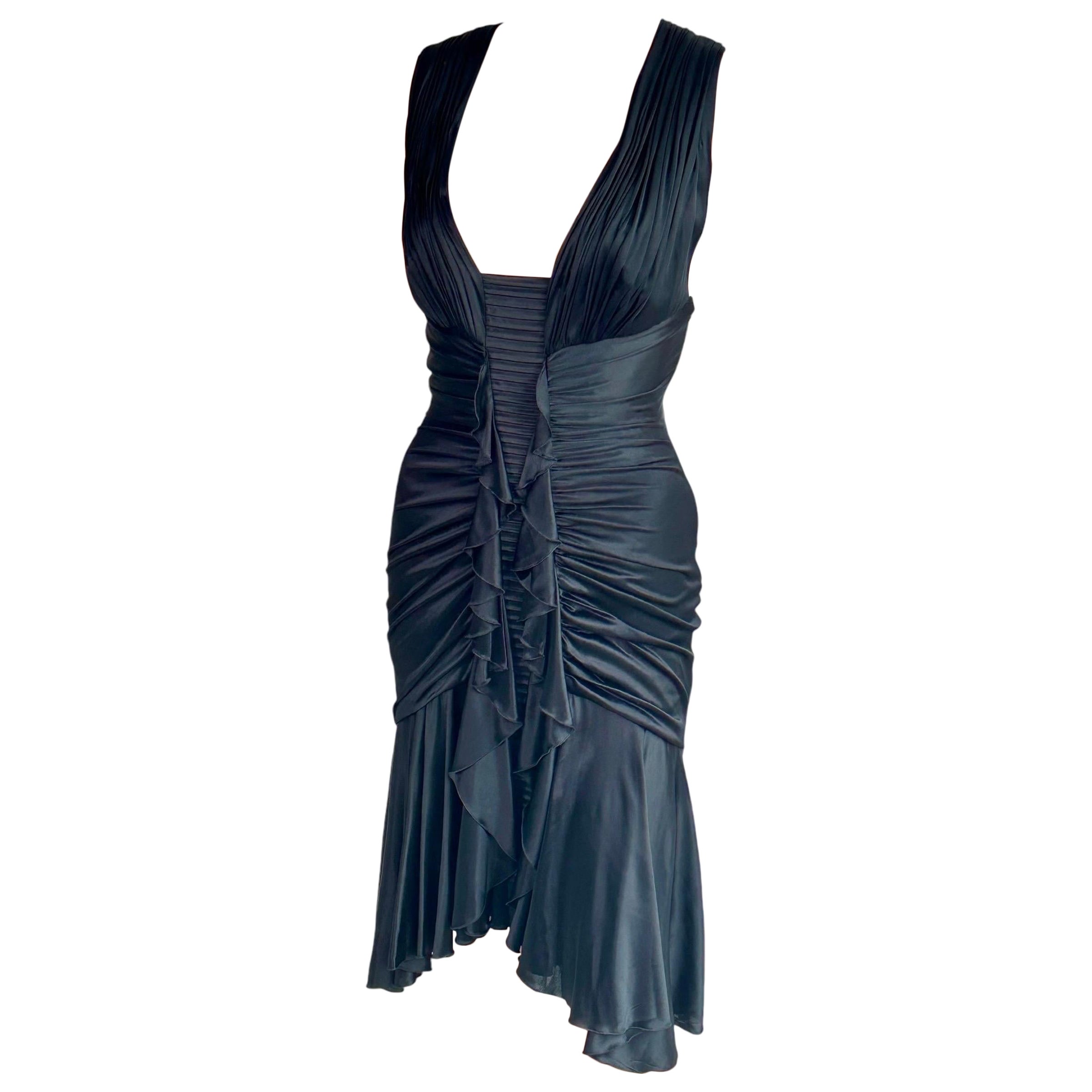 Versace F/W 2006 Plunging Ruched Ruffles Black Dress For Sale