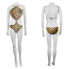 Vintage 2007 Roberto Cavalli Halter Cheetah Animal Print Cut Out Bathing Suit
