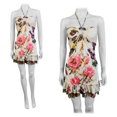 Vintage S/S 2005 Roberto Cavalli Floral Fruit Tiger Print Halter Mini Dress