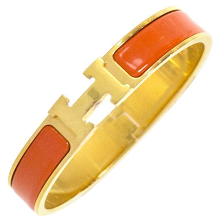 Hermes Orange Enamel & Gold H Clic Clac GM Bangle Bracelet