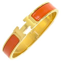 Hermes Orange Enamel & Gold H Clic Clac GM Bangle Bracelet