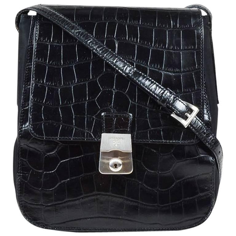 Vintage Prada Black Canvas Croc Embossed Leather Panel Crossbody Bag