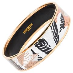 Hermes Black Pink & White Gold Plated Printed Enamel Leaf Bangle Bracelet SZ 65