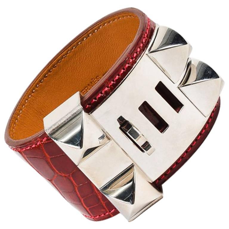 Hermes "Rouge Vif" Red Alligator Palladium "Collier de Chien" Cuff Bracelet SZ S For Sale