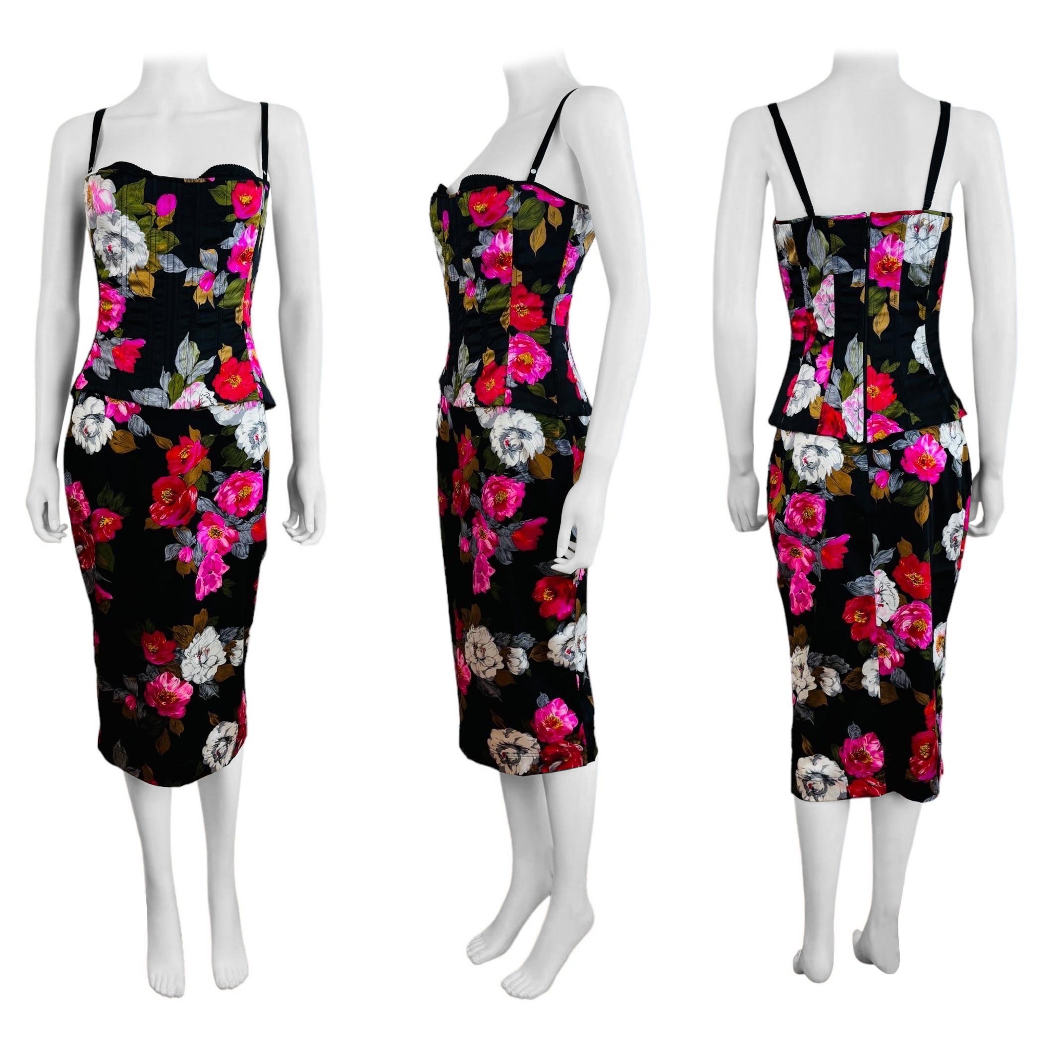 Vintage 2001 Dolce + Gabbana Silk Black + Pink Floral Roses Corset Top + Skirt For Sale