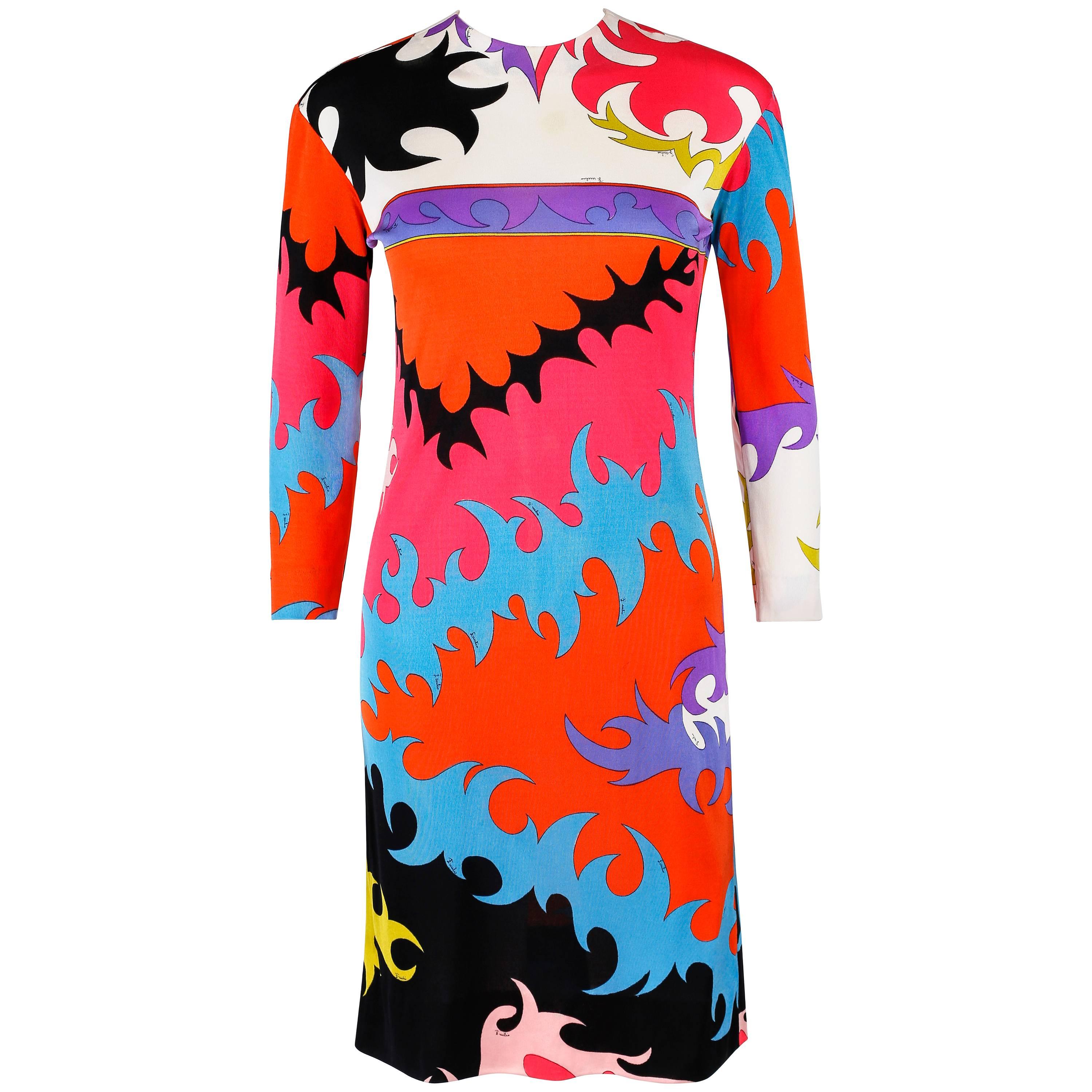 EMILIO PUCCI c.1960's Multicolor Abstract Signature Print Silk Shift Dress For Sale