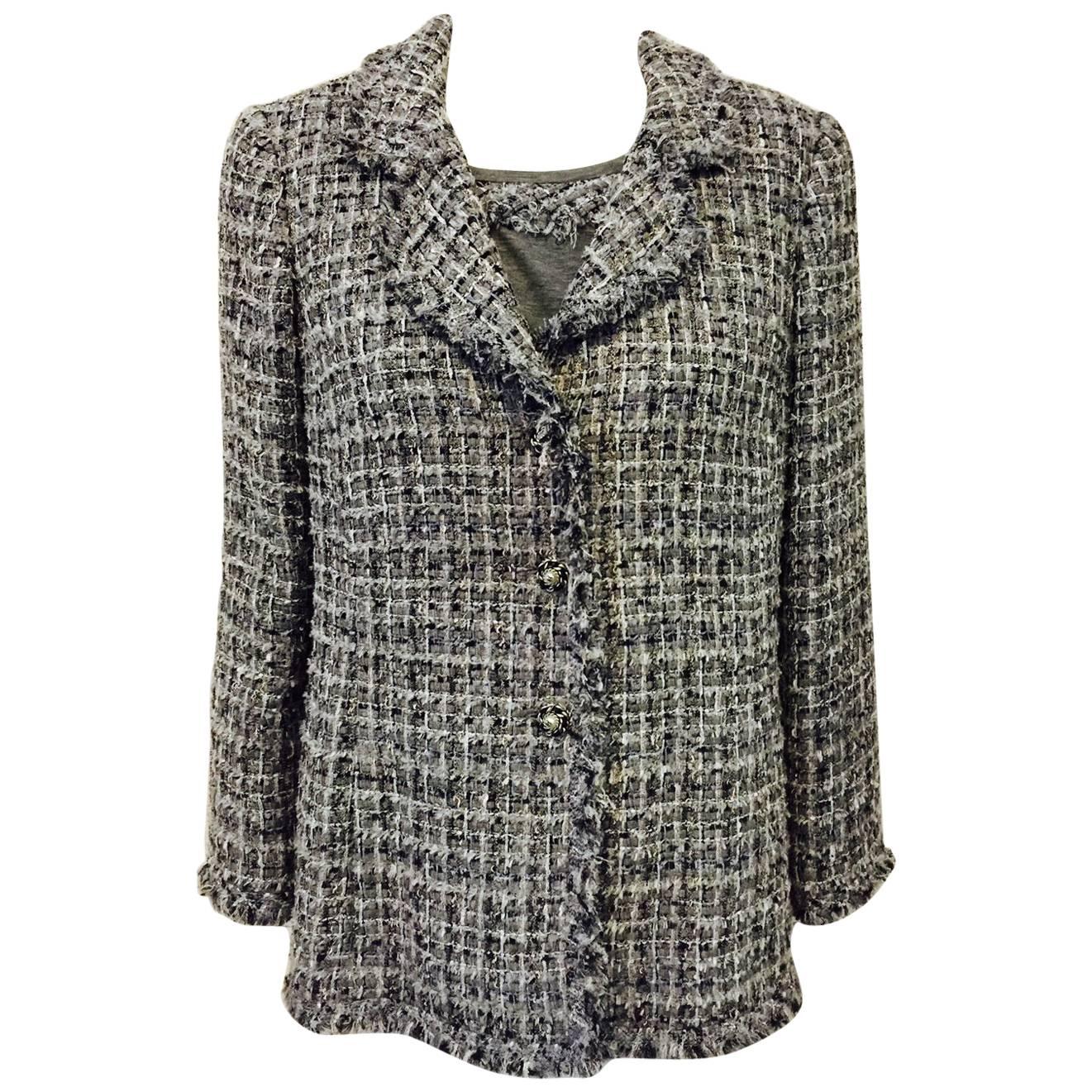 Chanel Pink/Slate Multi Color Tweed Jacket W Tweed Trimmed Camisole EU 48