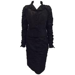 Vintage Lagerfeld Gallery Ruched Black Silk Evening Skirt Suit With Ruffled Sleeves 