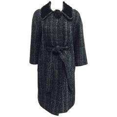Tory Burch Grey, Black and Silver Tweed Belted Coat With Embroidered Collar 6