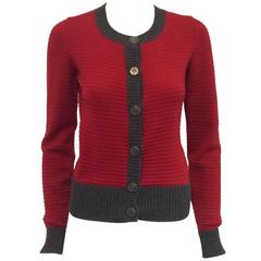 Chanel Red Cashmere Cardigan With Heather Grey Trim Fall 2008