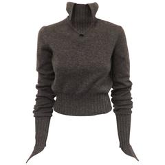 Chanel Heather Grey Cashmere Mock Turtleneck W Wide Banded Waist & Cuffs