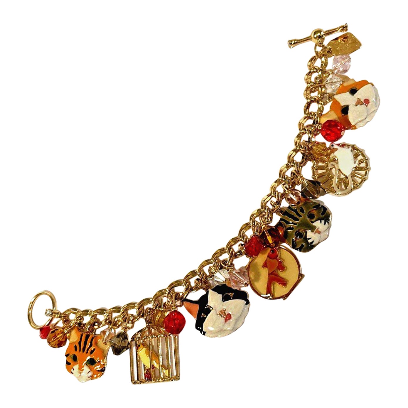 Bracciale firmato Lunch at the Ritz Multi Charm Gatti Topi e Uccelli in Gabbia Dorata in vendita