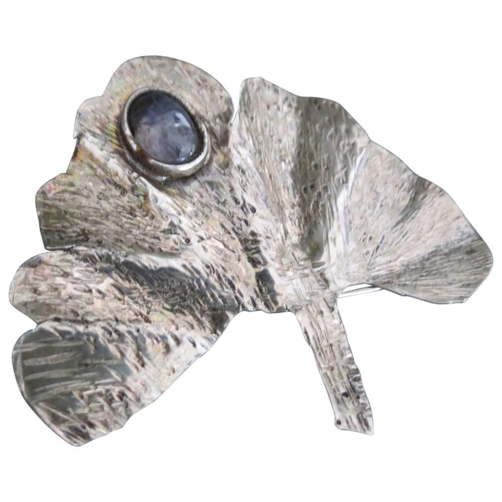 Danish Silver Amethyst Modernist Mid Century Leaf Brooch For Sale