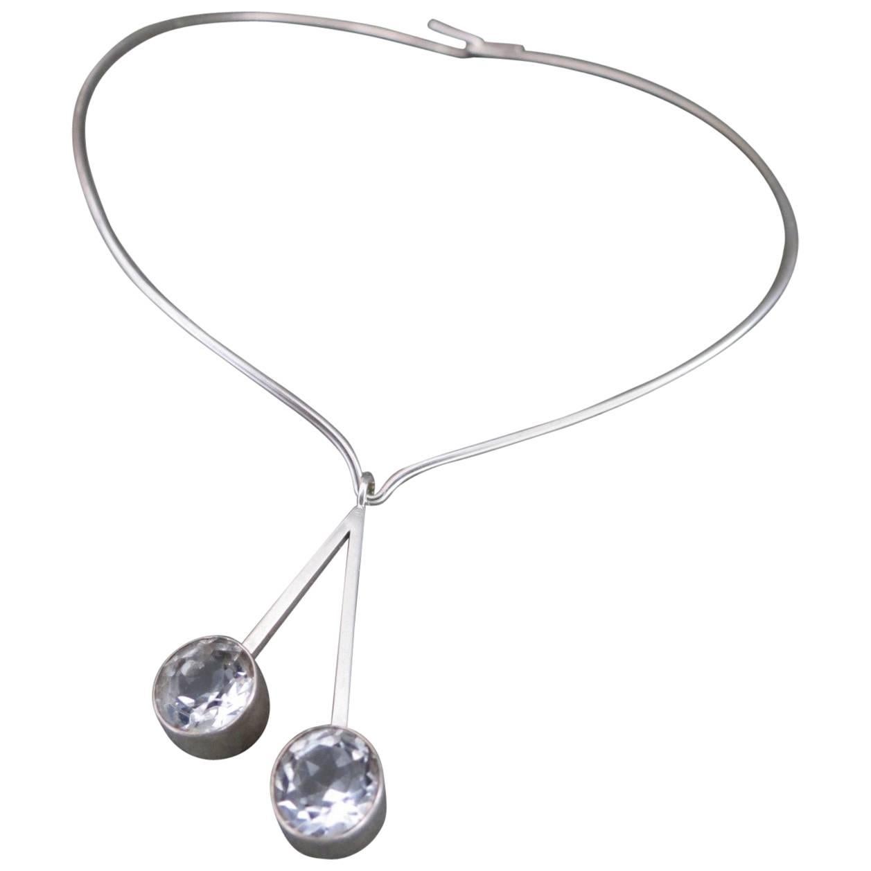 Danish Silver Quartz Crystal Modernist Choker Necklace by Hermann Siersbol For Sale