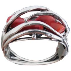 Mid Century Silver Coral Cuff Bangle Bracelet 