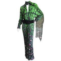 Jean Paul Gaultier Femme Cameo Print Green Dress with Wide Suede Belt 10