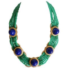 Vintage 1975 William de Lillo Jade Cameo Glass and Lapis Lazuli Collar Necklace 